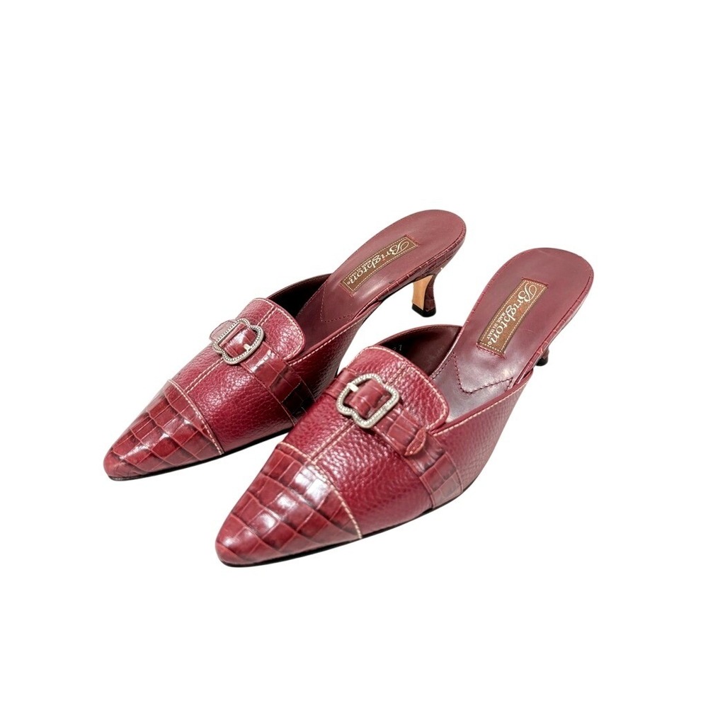 Brighton Precia Burgundy Leather Croc Embossed Buckle Kitten Heel Mules 7M Italy